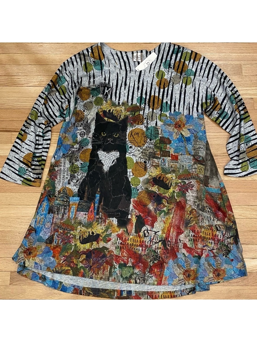 Et Lois whimsical eclectic art teacher cat tunic 3/4 sleeve NWT made in USA